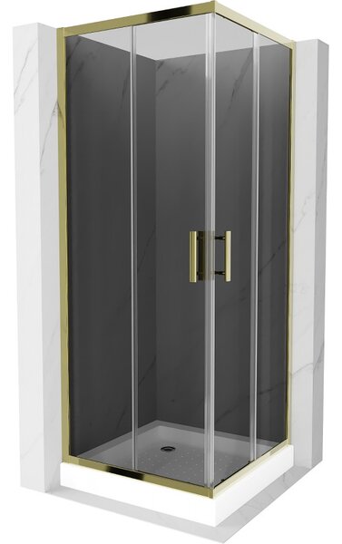 Mexen Rio, čtvercový sprchový kout s posuvnými dveřmi 70 (dveře) x 70 (dveře) x 190 cm, 5mm šedé sklo, zlatý profil + bílá sprchová vanička RIO, 860-…