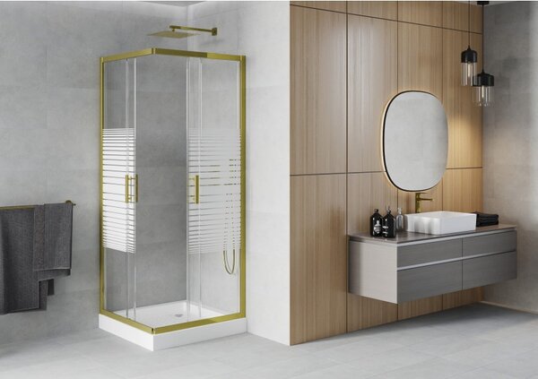 Mexen Rio, čtvercový sprchový kout s posuvnými dveřmi 70 (dveře) x 70 (dveře) x 190 cm, 5mm čiré sklo s pásky, zlatý profil + bílá sprchová vanička R…