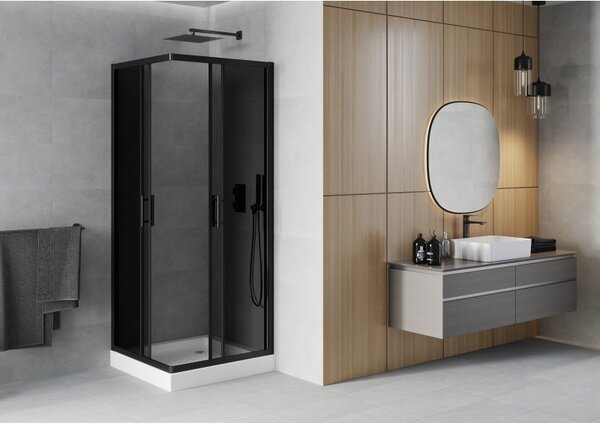 Mexen Rio, čtvercový sprchový kout s posuvnými dveřmi 70 (dveře) x 70 (dveře) x 190 cm, 5mm šedé sklo, černý profil + bílá sprchová vanička RIO, 860-…