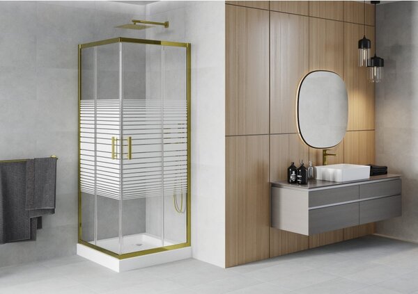 Mexen Rio, čtvercový sprchový kout s posuvnými dveřmi 70 (dveře) x 70 (dveře) x 190 cm, 5mm čiré sklo s pásky, zlatý profil + bílá sprchová vanička R…
