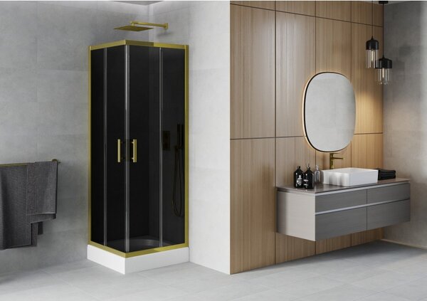 Mexen Rio, čtvercový sprchový kout s posuvnými dveřmi 70 (dveře) x 70 (dveře) x 190 cm, 5mm šedé sklo, zlatý profil + bílá sprchová vanička RIO, 860-…