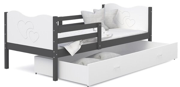 Dětská postel se šuplíkem MAX S - 200x90 cm - bílo-šedá - srdíčka