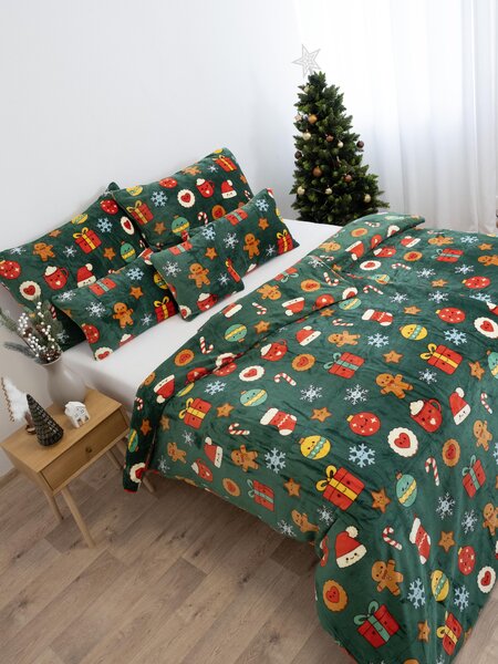 MK Lůžkoviny Vánoční mikroplyšové povlečení Exclusive – Vánoční nadílka zelené 140 × 200 cm, 70 x 90 cm