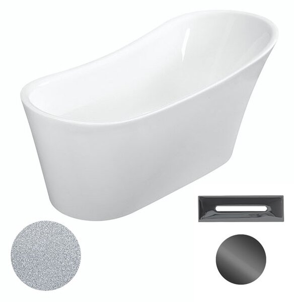 Besco Akrylátová volně stojící vana Calima Glam S 170x74 Barva: Bílá/stříbrná, Rozměry (cm): 170x74, Typ a barva výpustě: Click-Clack s přepadem, černá