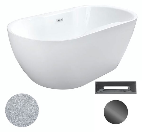 Besco Akrylátová volně stojící vana Navia Glam S 140x75 (150x80, 160x80) Barva: Bílá/stříbrná, Rozměry (cm): 150x80, Typ a barva výpustě: Click-Clack s přepadem, černá