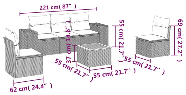 6dílná zahradní sedací souprava s poduškami šedá polyratan 3225388