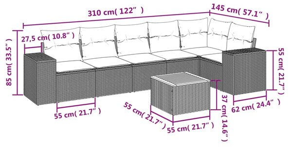 7dílná zahradní sedací souprava s poduškami šedá polyratan 3225458