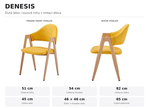 Jídelní židle DENESIS - žlutá látka / kovové nohy v imitaci dřeva