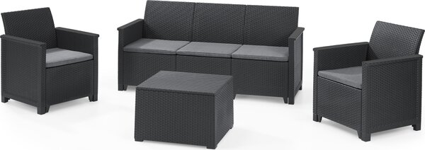 Keter Lounge Set Emma 9-dílná - grafitová , 2 křesla + 3místná pohovka + 1 stolek s funkcí truhly + 5 poltá na sezení
