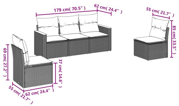 5dílná zahradní sedací souprava s polštáři šedá polyratan 3225851