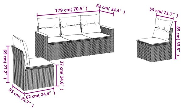 5dílná zahradní sedací souprava s poduškami černá polyratan 3225845