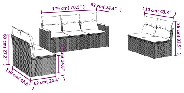7dílná zahradní sedací souprava s poduškami černá polyratan 3225873
