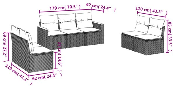 7dílná zahradní sedací souprava s polštáři černá polyratan 3225875
