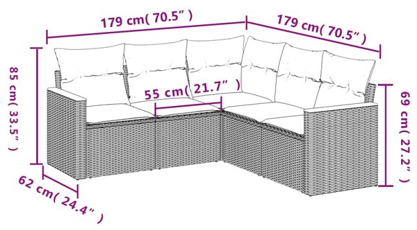 5dílná zahradní sedací souprava s polštáři šedá polyratan 3225963