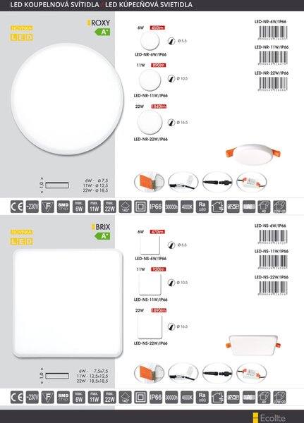 Ecolite SMD kruh 7.5cm, 6W, 4000K, IP66, 450lm LED-NR-6W/IP66
