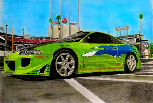 Kresba od Tomáš Obert - "Mitsubishi Eclipse - Rychle a zběsile", rozměr: 42 x 30 cm