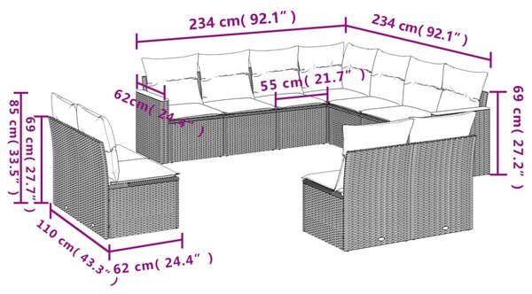 11dílná zahradní sada pohovek s polštáři šedá polyratan 3226089