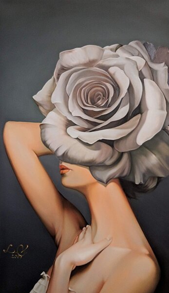 Ručně malovaný obraz od Vasyl Luchkiv - "WOMEN AND ROSE", rozměr: 110 x 65 cm