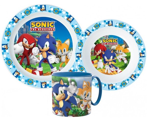 Sada plastového nádobí s hrnečkem pro děti - motiv Ježek Sonic - 3 díly