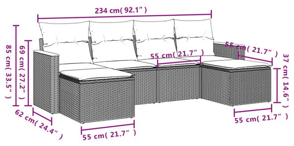 6dílná zahradní sedací souprava s poduškami černá polyratan 3226217