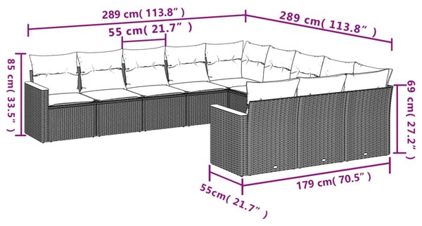 11dílná zahradní sedací souprava s poduškami šedá polyratan 3226431