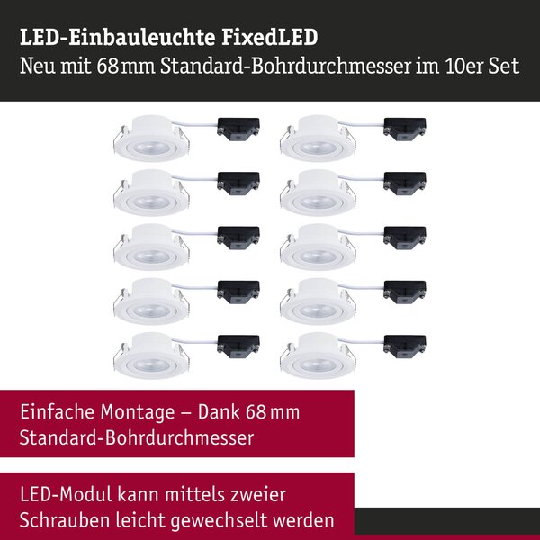 PAULMANN LED vestavné svítidlo FixedLED 10ks sada výklopné 25° 10x4,8W 230V 3000K bílá