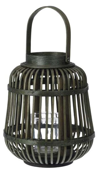 Proutěná lampa se skleněným závěsem na svíčku – zelená, 19 × 24 cm