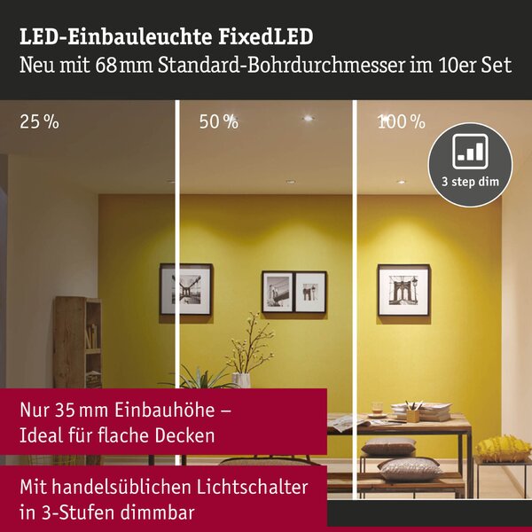 PAULMANN LED vestavné svítidlo FixedLED 10ks sada výklopné 25° 10x4,8W 230V 3000K bílá