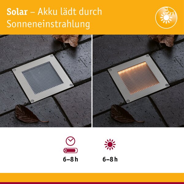 PAULMANN Solární LED zemní svítidlo Sorea soumrakový senzor IP67 hranaté 100x100mm 2200K 0,1W 5lm 3,7V kov kartáčovaný ABS/polykarbonát/ocel