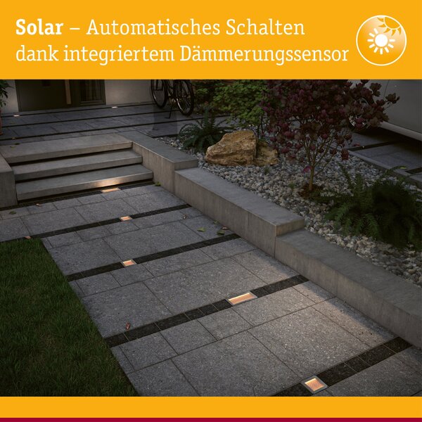 PAULMANN Solární LED zemní svítidlo Sorea soumrakový senzor IP67 hranaté 100x100mm 2200K 0,1W 5lm 3,7V kov kartáčovaný ABS/polykarbonát/ocel