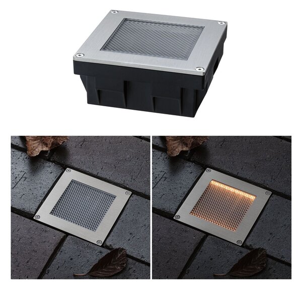PAULMANN Solární LED zemní svítidlo Sorea soumrakový senzor IP67 hranaté 100x100mm 2200K 0,1W 5lm 3,7V kov kartáčovaný ABS/polykarbonát/ocel