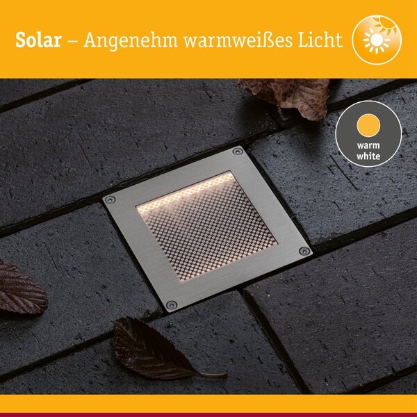 PAULMANN Solární LED zemní svítidlo Sorea soumrakový senzor IP67 hranaté 100x100mm 3000K 0,1W 6lm 3,7V kov kartáčovaný ABS/polykarbonát/ocel
