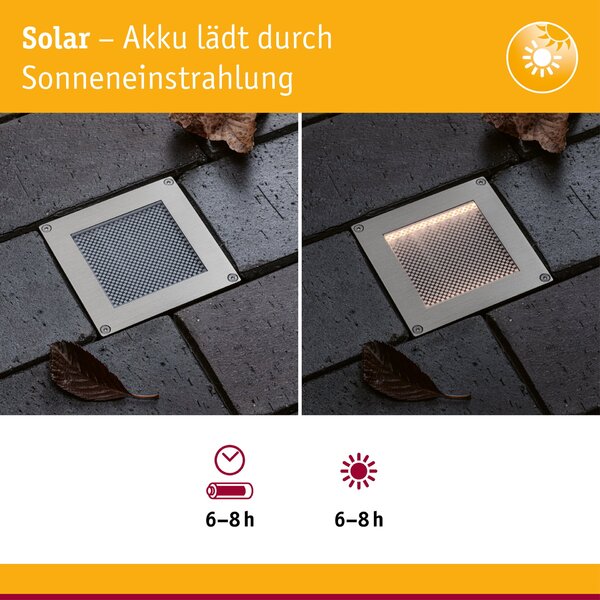 PAULMANN Solární LED zemní svítidlo Sorea soumrakový senzor IP67 hranaté 100x100mm 3000K 0,1W 6lm 3,7V kov kartáčovaný ABS/polykarbonát/ocel