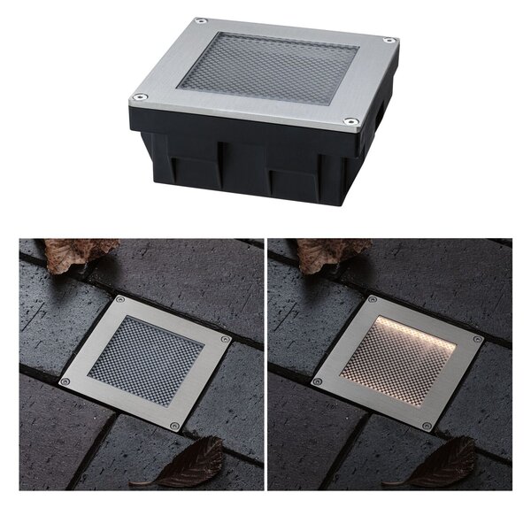 PAULMANN Solární LED zemní svítidlo Sorea soumrakový senzor IP67 hranaté 100x100mm 3000K 0,1W 6lm 3,7V kov kartáčovaný ABS/polykarbonát/ocel