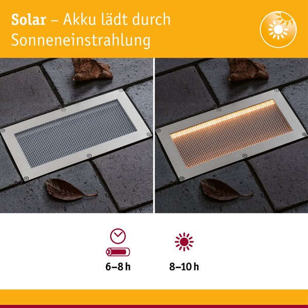 PAULMANN Solární LED zemní svítidlo Sorea soumrakový senzor IP67 hranaté 200x100mm 2200K 0,3W 3,7V kov kartáčovaný ABS/polykarbonát/ocel