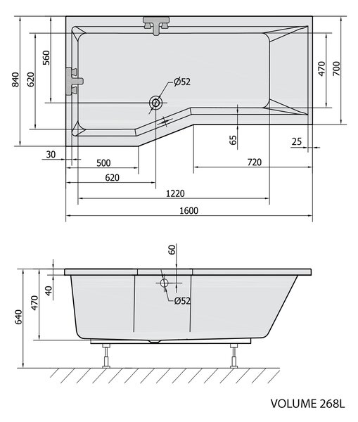Polysan Polysan, VERSYS L asymetrická vana 160x84x70x47cm, bílá, 14611