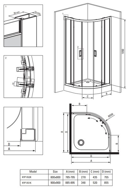 Deante Funkia, čtvrtkruhový sprchový kout s posuvnými dveřmi 90x90 cm, výška 185cm, 5mm čiré sklo, chromový profil, KYP_051K