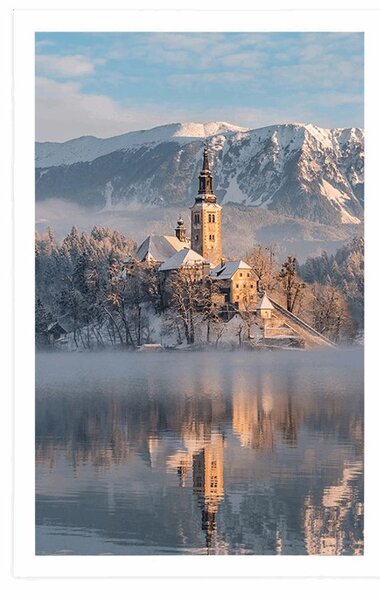 Plakát kostel u jezera Bled ve Slovinsku