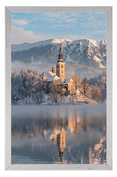 Plakát kostel u jezera Bled ve Slovinsku