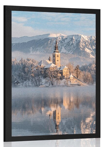 Plakát kostel u jezera Bled ve Slovinsku