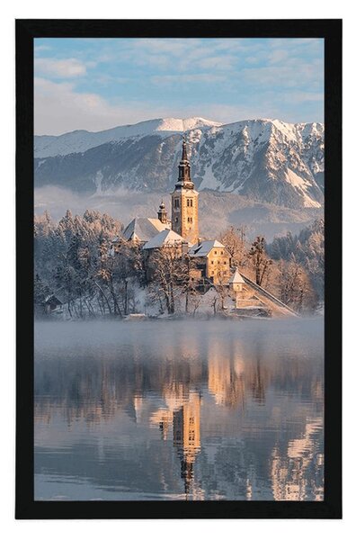 Plakát kostel u jezera Bled ve Slovinsku