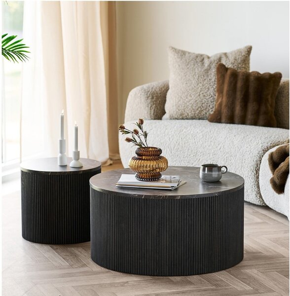 Tmavě hnědý kulatý konferenční stolek s deskou v dekoru mramoru ø 80 cm Rota – House Nordic
