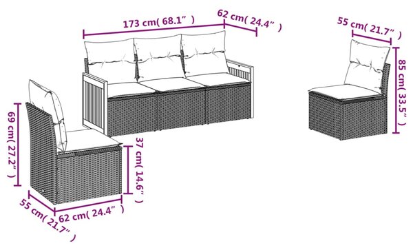 5dílná zahradní sedací souprava s poduškami černá polyratan 3227526