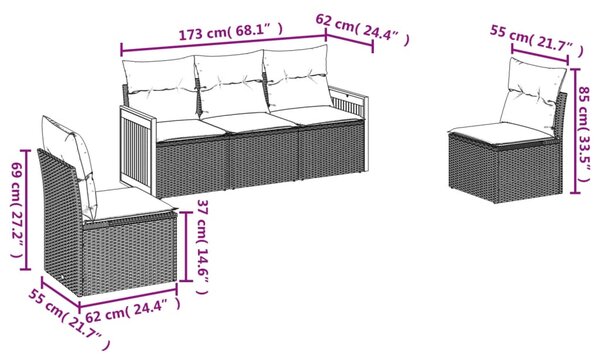 5dílná zahradní sedací souprava s polštáři šedá polyratan 3227531