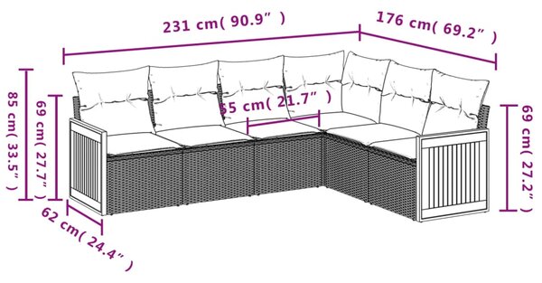 6dílná zahradní sedací souprava s poduškami šedá polyratan 3227684