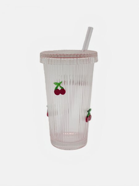 Sinsay - Skleněný hrnek s víkem a brčkem s reliéfním motivem třešní - pastelová růžová