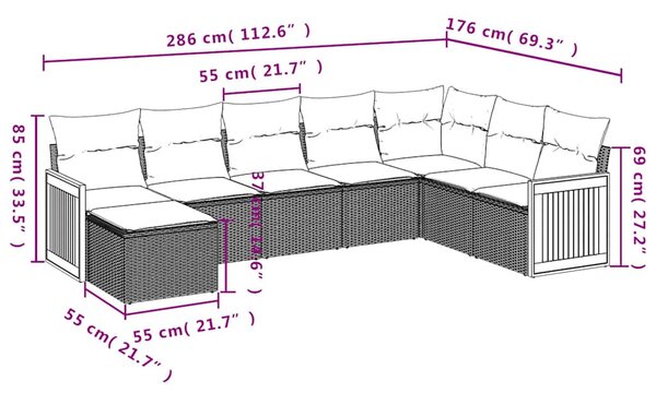 8dílná zahradní sedací souprava s poduškami černá polyratan 3227924