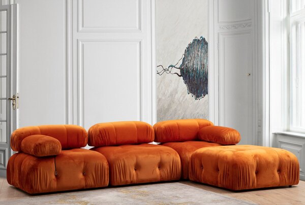 Hanah Home Rohová modulární sedací souprava Bubble 288 cm s taburetem samet oranžová