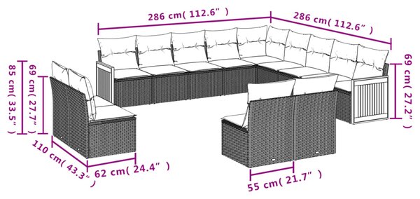 13dílný zahradní sedací souprava s poduškami černý polyratan 3228163