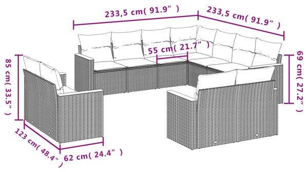 11dílná zahradní sada pohovek s polštáři šedá polyratan 3228182